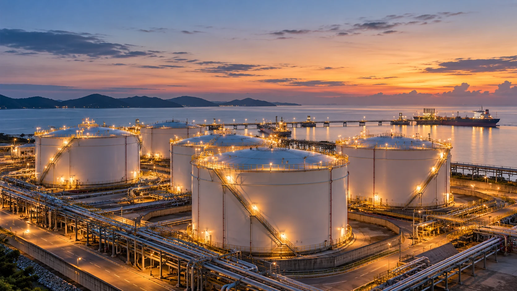 Lit storage tanks at a coastal petroleum terminal at dusk