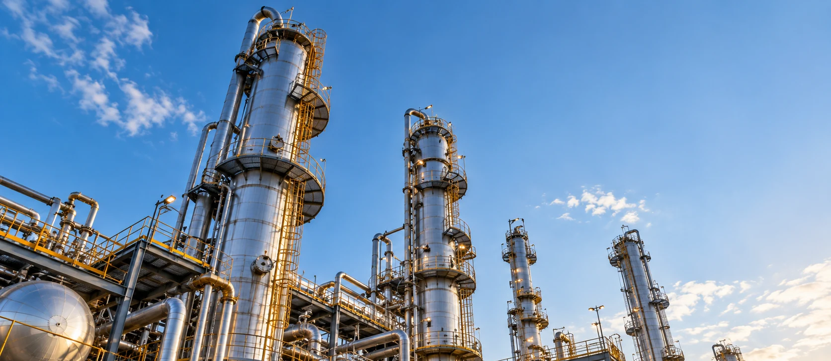 Refinery distillation columns against a blue sky
